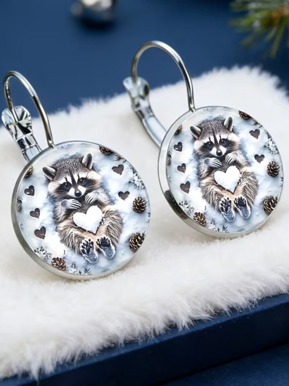 Round Silver RACCOON Dangle Earrings